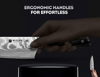 WIZEKA Damascus Chef Knife Set: 3 PCS,Super Sharp Kitchen Knives: Made of Japanese Steel VG10: Full Tang Professional Chef Knife Set With G10 Ergonomic Handle, Mothers Day