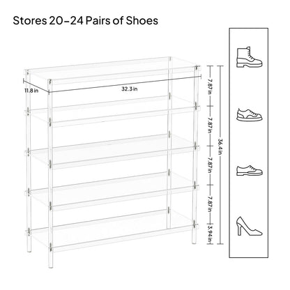 Aquiver 5 Tier Acrylic Shoe Rack - Closet Shoe Rack Shoe Organizer for Entryway, Stores 20 Pairs of Shoes, 32.3'' L x 11.8'' W x 36.4'' H