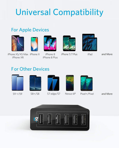 Anker Charger, 60W 6 Port USB Charging Station, PowerPort 6 Multi USB Charger for iPhone 14/13 Series, iPad Pro/Air/Mini, Galaxy S23/S22/S21, Note 20 Ultra, LG, HTC, and More