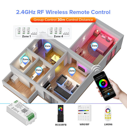 BTF-LIGHTING 5050SMD FCOB COB Dimming RF 2.4GHz Wireless Remote RC01RFB &4PCS C01RF Tuya Controller Kit 4 Zones Group Control PWM Single Color (+V -V) 2pin LED Neon Rope Light DC5V DC12V DC24V