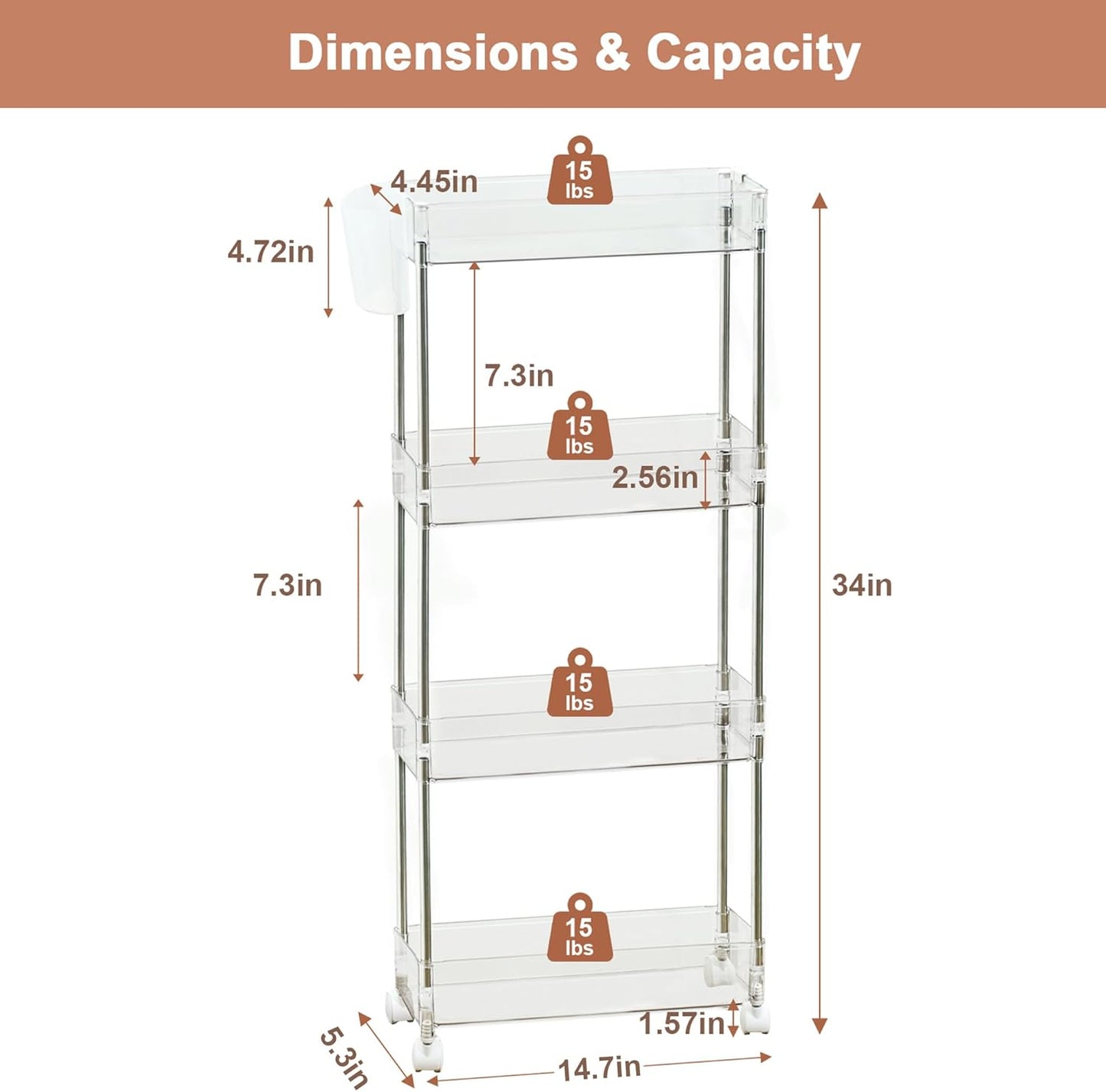 4-Tier VECELO Acrylic Rolling Cart, Slim Utility Cart for Storage, Mobile Storage Cart with Lockable Wheels