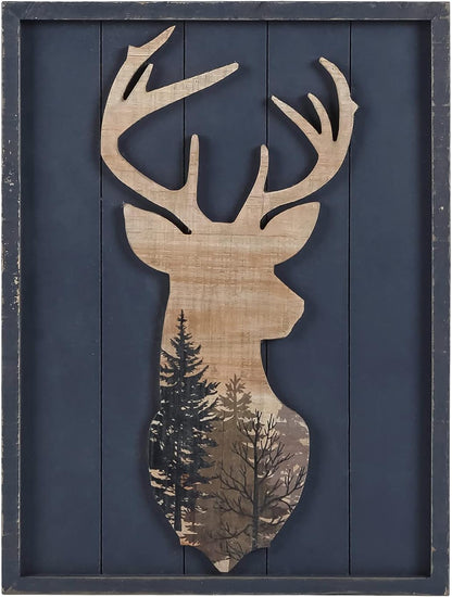 12 16 Inches NIKKY HOME Cabin Wall Decor, Decorative Deer Wood Framed Forest Mountain Woodland Wildlife Lodge Elk