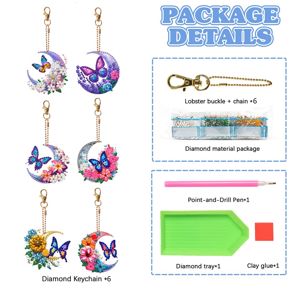 C'eitura 6Pcs Moon & Butterfly Diamond Painting Keychains, Double-Sided Crystal Rhinestone Charms, Mystical Celestial Gifts for Women, Birthday Party Favors