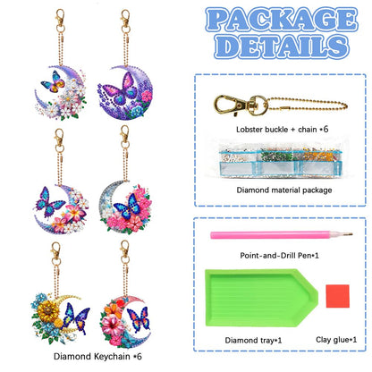 C'eitura 6Pcs Moon & Butterfly Diamond Painting Keychains, Double-Sided Crystal Rhinestone Charms, Mystical Celestial Gifts for Women, Birthday Party Favors