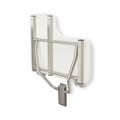 Seachrome Lift-Assist Shower Seat, L-Shaped Right-Hand, ADA, Wall Mount, Padded White Naugahyde