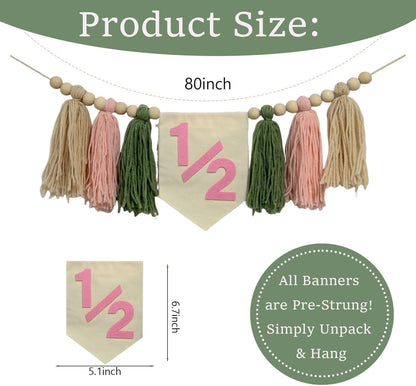 Cuvaho 1/2 6 1/2 1/2) Half Birthday Decorations Girl Pink Sage Green High Chair Banner with Half Birthday Hat for Month