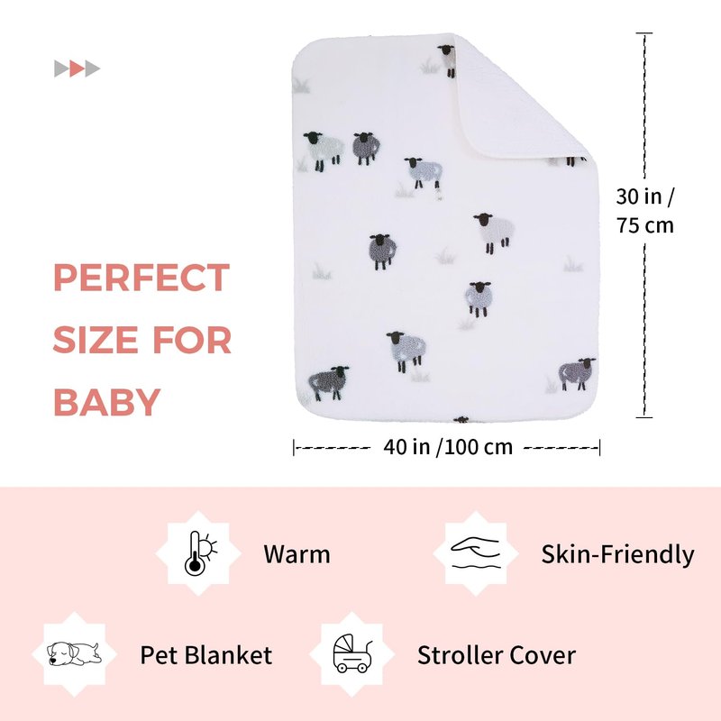 Soft Cozy Sherpa Fleece Baby Blankets Animal Pattern Fluffy Plush Receiving Blanket for Newborn Infant Toddler Thick Warm Crib Stroller Blanket for Boys Girls 30"x40" White Sheep