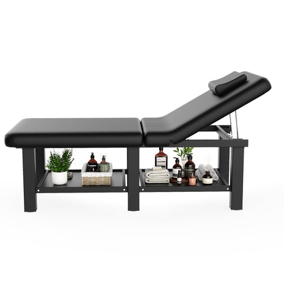 30.5'' Wide × 75'' Long Folding Stationary Massage Table with Backrest and Storage Space for Treatment Table Physical Therapy Table Spa Facial Bed, 6 Square legs, Metal Frame PU Leather - Black