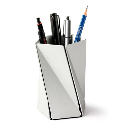 WHITE DESIGN Twisted Faceted Aluminum Pen Holder - Modern Minimalist Origami Pencil Cup & Desk Organizer, Office Decor Gift for Professionals & Executives