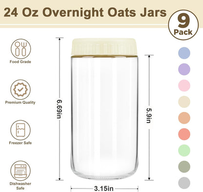 24oz 9 Pack Overnight Oats Containers with Lids, Wide Mouth Mason Jars with Lids, Glass Jars with Airtight lid for Chia