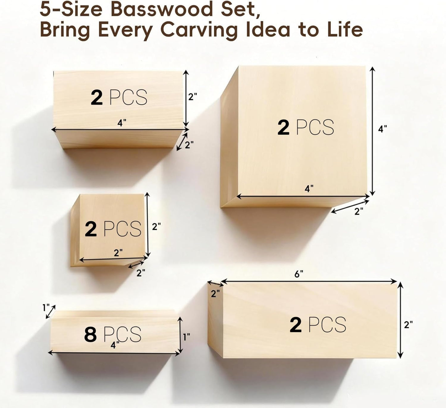 Basswood Carving Blocks: 16 Pieces in 5 Sizes with Oversized Blanks | Soft, Versatile Wood Blocks for All Your Whittling and Craft Projects ﻿