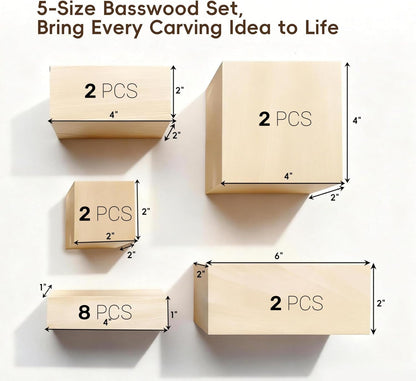 Basswood Carving Blocks: 16 Pieces in 5 Sizes with Oversized Blanks | Soft, Versatile Wood Blocks for All Your Whittling and Craft Projects ﻿