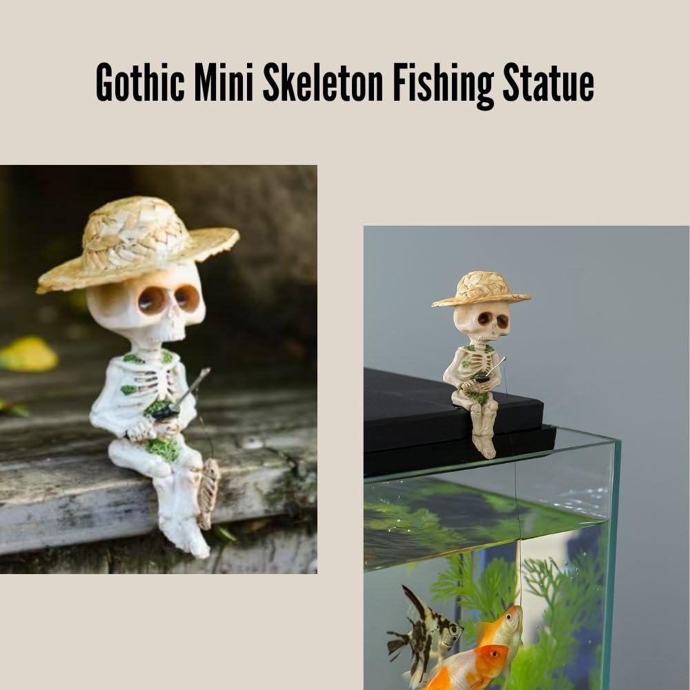BILICAM Mini Skeleton Fishing Figurine – 4.5” Gothic Summerween Decor for Outdoor Pond, Halloween Poolside Table, or Spooky Cocktail Cup | Cute Skull Statue for Goth Garden & Halloween Party Display