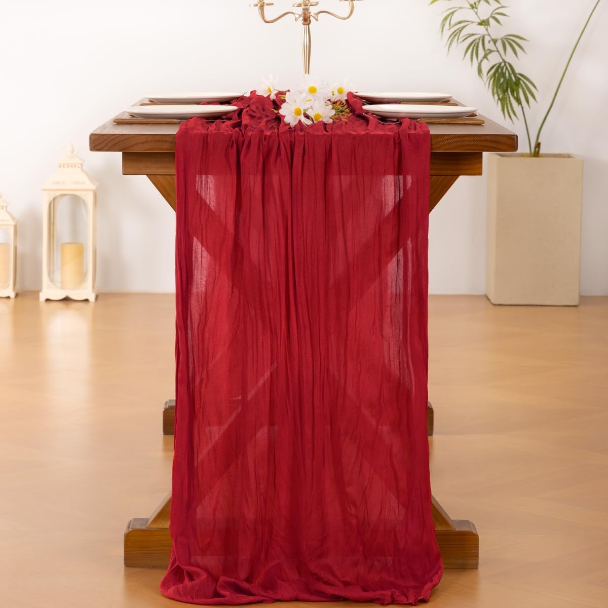 Socomi Red Cheesecloth Table Runner - 120 Inch Boho Rustic Decor for Weddings, Parties & Holidays