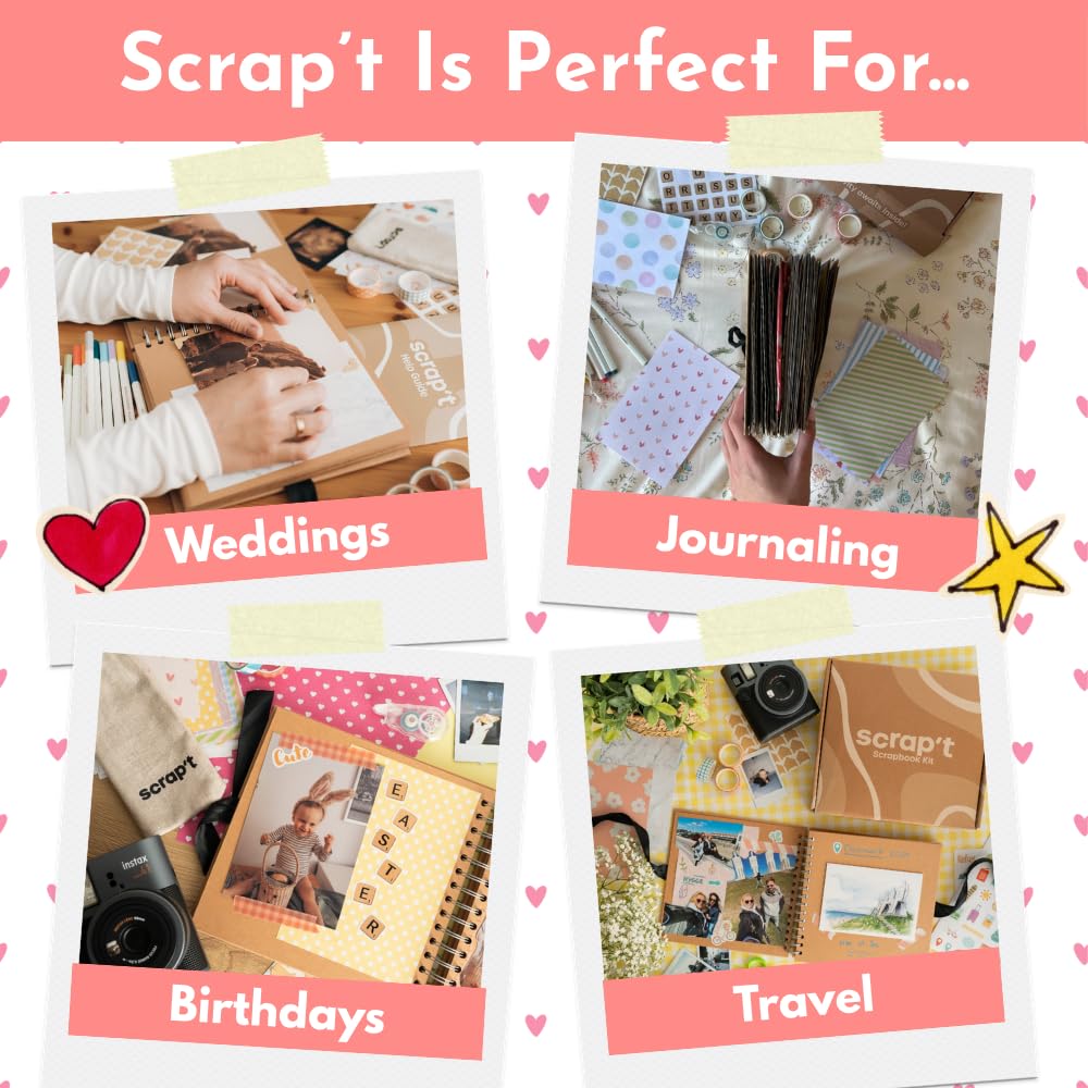 Scrapbook Kit - 80 Page Photo Album DIY Scrapbook - Holds 300+ Photos, with Metallic Pens, 150+ Stickers, Glue Pen, Washi Tapes, Backing Paper, Photo Corner Stickers (Starter Kit - 8 x 8 Inch, Kraft)