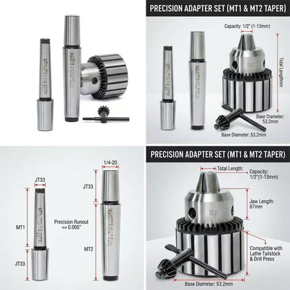 Ladulesby MT1&MT2 Lathe Drill Chuck Adapter Set - 1/2"(1-13mm）Drill Press Chuck with Morse Taper Arbor MT1 (JT33-MT1) and MT2 (JT33-MT2) with Chuck Key For Metalworking Lathes And Bench Drill Presses