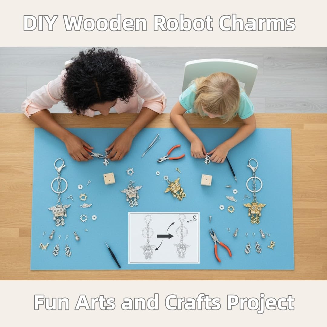 DEUXPER Wooden Steampunk Robot Charms DIY Kit for Jewelry Making & Crafts Projects - Creative Robot Keychain Building Kit for Crafting Lovers - Perfect Gifts, Home Decor, STEAM Education
