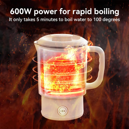 Travel Electric Kettle 304 Stainless Steel Small Portable Foldable Tea Kettle for Boiling Water Camping Traveling with 2 Gear 600ML 600W