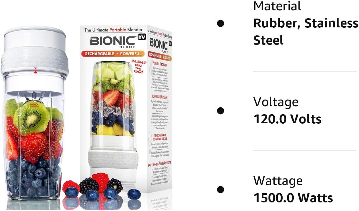 Bionic Blade Personal-Sized Blender 26 oz., BPA-Free, Rechargeable, 18,000 RPM Portable Blender for Shakes and Smoothies