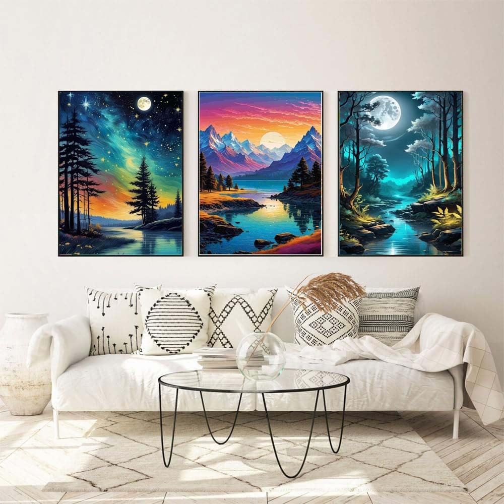 4 Pack Paint by Numbers for Adults with Framed Canvas - with Wooden Easel, Beach Paint by Number on Canvas, DIY Moon Landscape Acrylic Oil Painting Kits with Brushes for Home Wall Decor (8x12 inch)