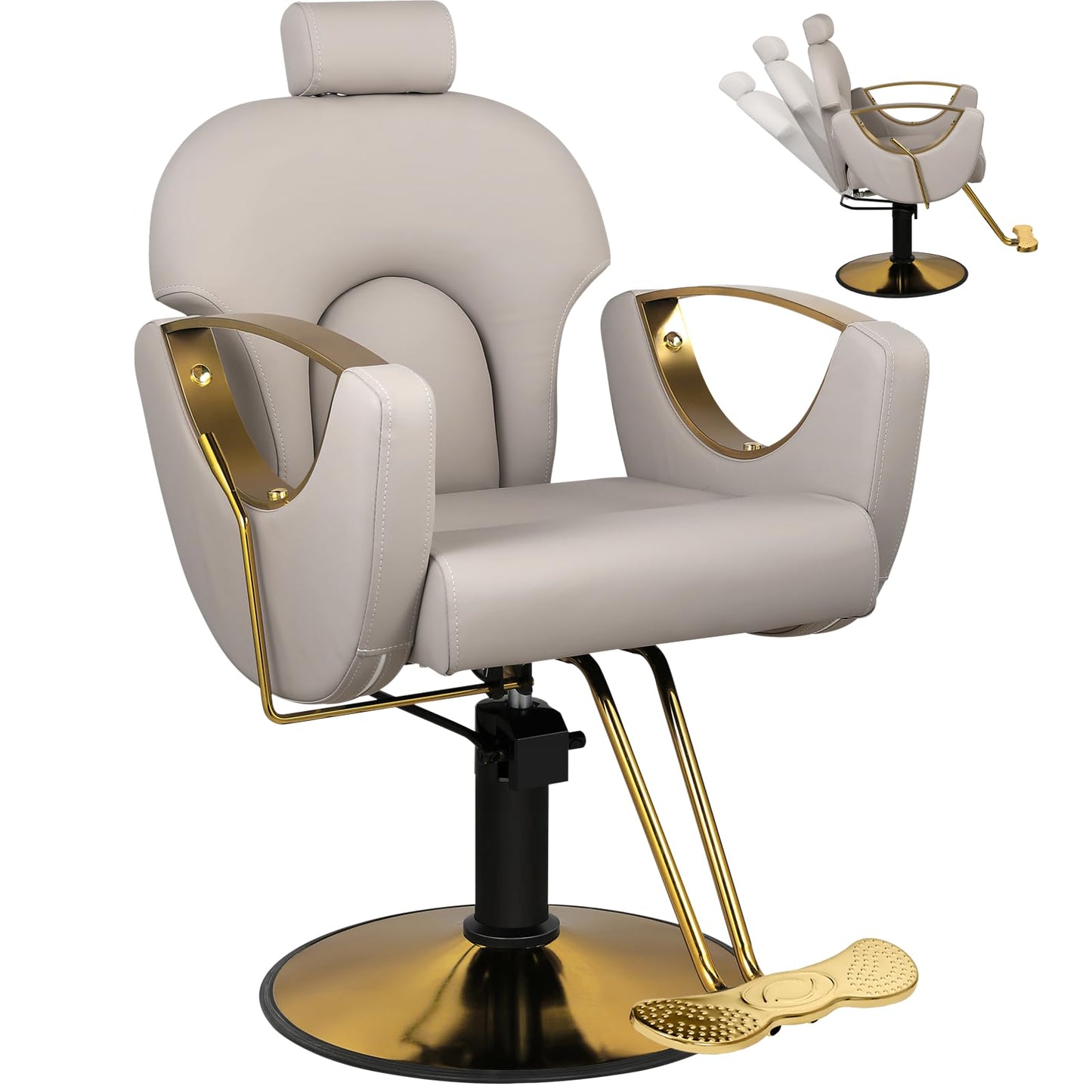 Tythical Salon Chair for Hair Stylist, Reclining Hair Barber Chair with Heavy Duty Hydraulic Pump, Up to 440 Lbs, 360 Degrees Swivel Beauty Spa Equipment for Salon Barbershop, Grey Gold