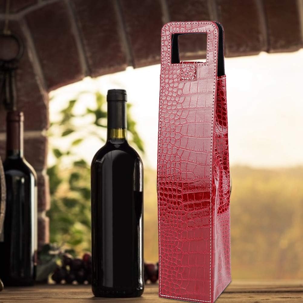 Wine Tote Bag, 1 Bottle PU Reusable Leather Insulated Carrier for Champagne, Beer Gift Bags (Red)