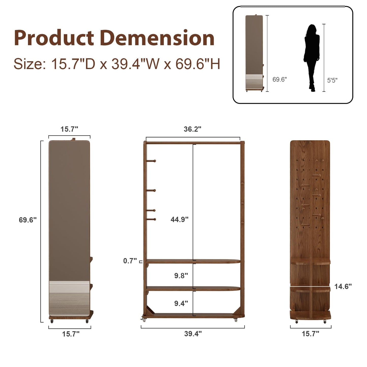 DONGMUWUJEE Solid Wood Full Length Mirror Clothes Rack,70" x 40" x 16" Oversize Standing Mirror Full Length with Brake Wheels, Floor Mirror for Living Room, Entryway, Bedroom (Walnut)