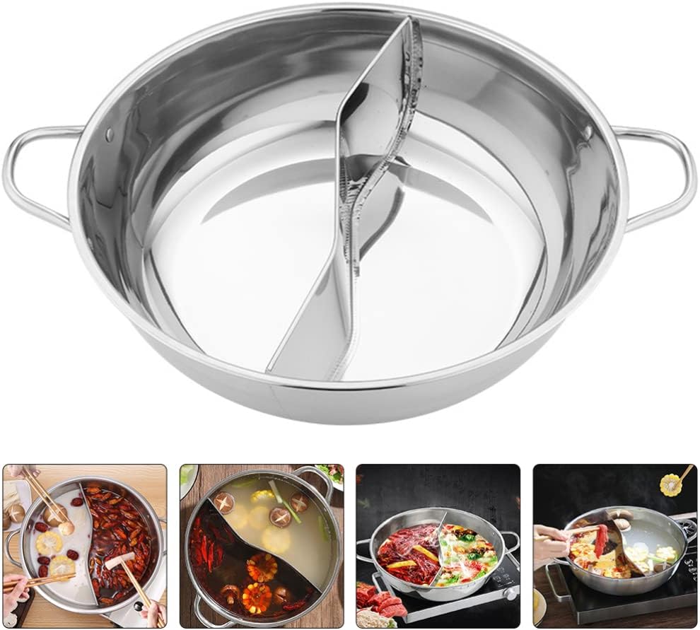 Hemoton Hot Pot with Divider, Stainless Steel Divided Hot Pot for Household Use