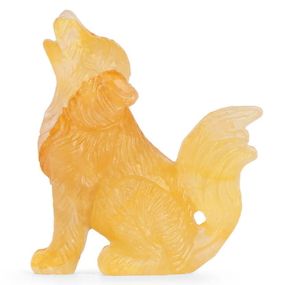LEADGEM 2.0" Citrine Crystal Big Tail Wolf Decor Figurines Wolve Statue Healing Stones Hand Carved Sculpture Ornaments Top Colletctible