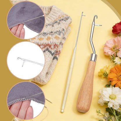 INTERWARM 26 Pcs Latch Hook Tools, 24pcs 6.5Inch Wooden Handle Latch Hook Tool and 2pc 6.2Inch Ultra-Fine Crochet Hooks Crochet Needle Knitting Tool with Tongue Crochet for Rug Making and Art Crafts