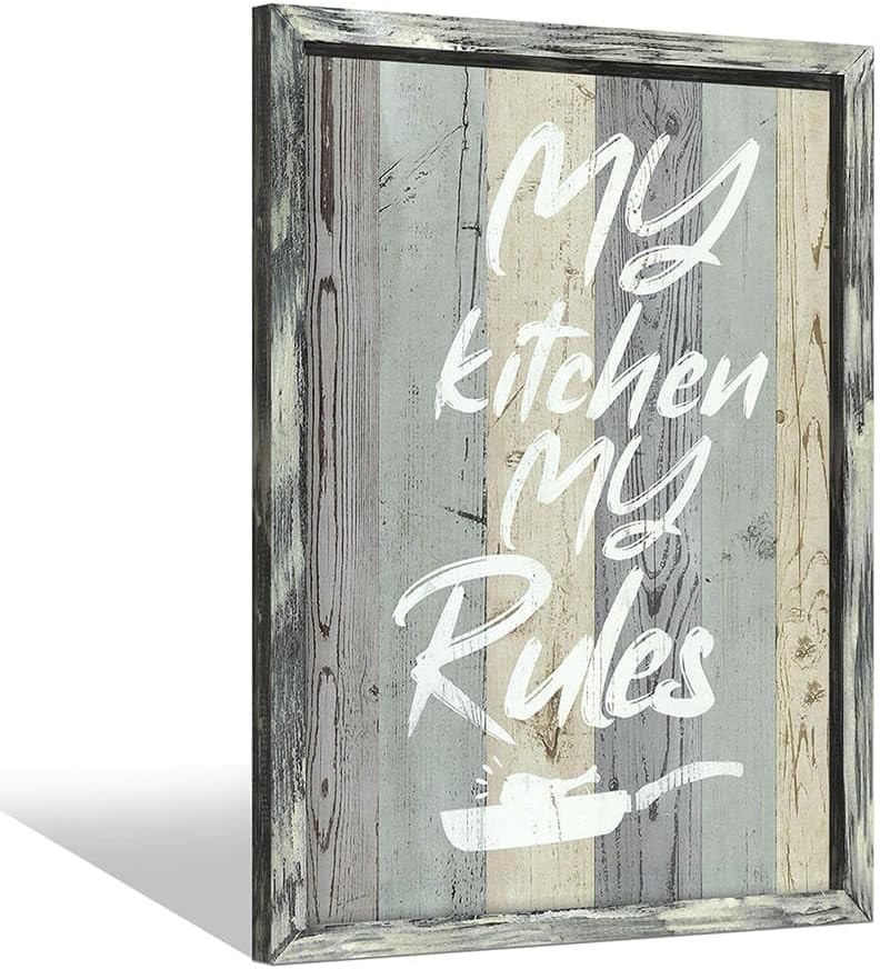 Kitchen Quotes Wooden Wall Art: Rustic Farmhouse Framed Funny My Kitchen My Rules Saying Print for Dining Room Decor
