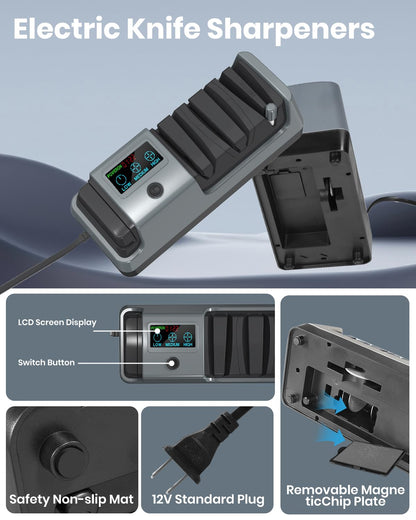 Upgrade 5 in 1 Electric Knife Sharpener with LCD Screen, 3 Rotational Speed Adjustable, 100% Diamond Abrasives, knife sharpener for Straight, Serrated, Meat Cleaver, Ceramic Knives Electric Knife