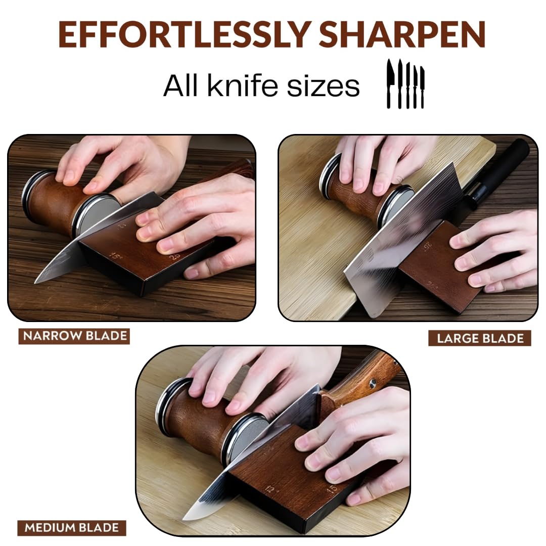 4 Angles High Carbon Stainless Steel Rolling Knife Sharpener with 400, 1000 & 3000 Replacement Discs - Blunt Knife Sharpening Kit with 12°, 15°, 20°, and 25° Sharpening for Kitchen & Chef's Knives