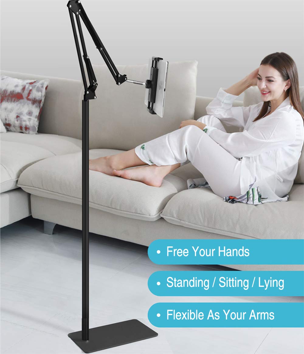 Tablet Floor Stand, Overhead Bed Phone Stand Angle Height Adjustable Holder, Universal Floor Stand Compatible with iPhone iPad Pro Air Mini, Samsung Tab, Kindle, E-Readers…