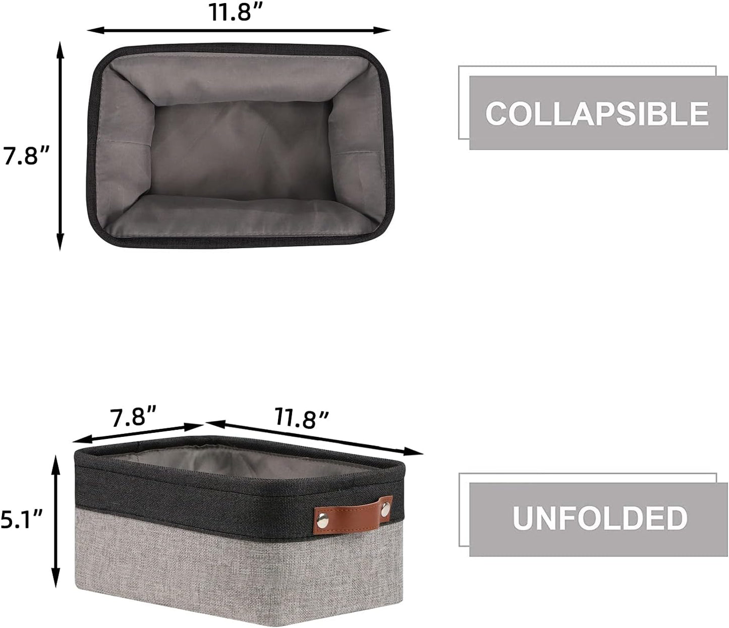 HNZIGE Small Storage Baskets Fabric Bins (6-Pack) for Organizing Clothes, Toys, Books, Gifts (Black & Gray, 11.8" x