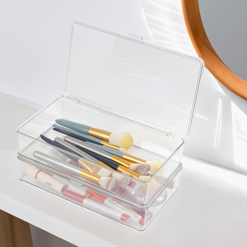 ZEXALOR Pack of 2 Clear Storage Bins with Lids, Small Storage Containers Boxes with Lids, Dresser Organizer, Tea Bag Organizer, Freezer Bin, Plastic Drawer Organizers (10.6×6.1×2.3“)