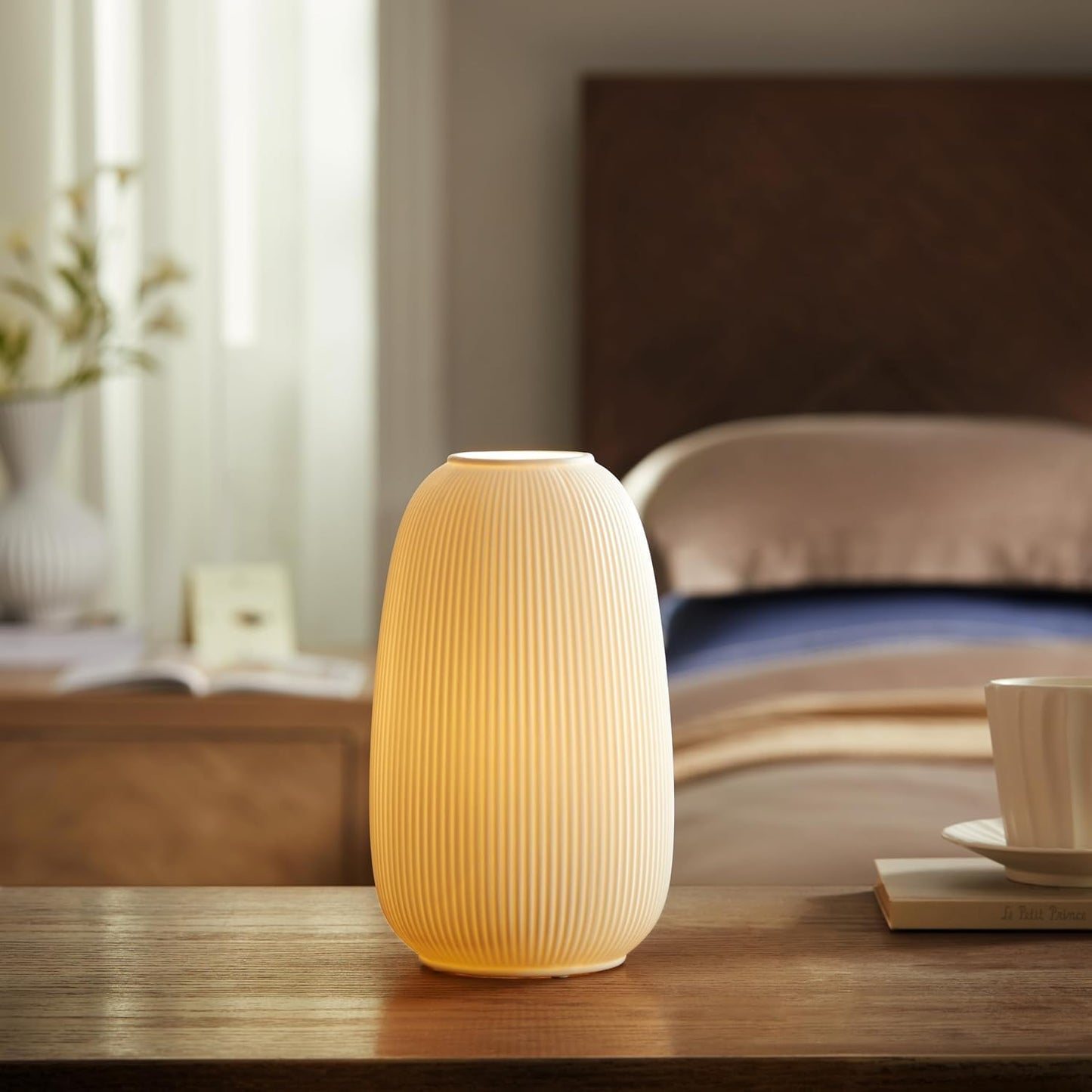 RONDURE 9.5" Modern Ceramic Table Lamp, Fully Dimmable Bedside Lamp for Bedroom Living Room Nightstand, White Translucent Ceramic Shade, Warm Ambient Decorative Corded Lighting, Bulb Included