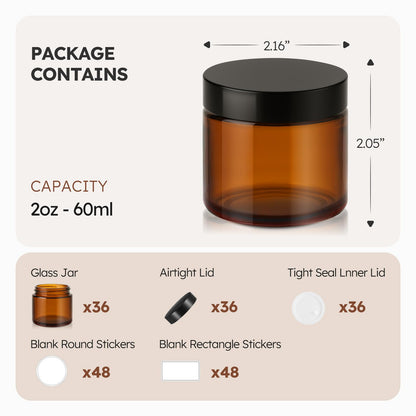 2 oz Glass Jars with Lids, 36 Pack Amber Small Glass Jars with Black Lids Leakproof Round Airtight Empty Cosmetic Travel Containers with Inner Liners For Lotions Powders and Candle Making