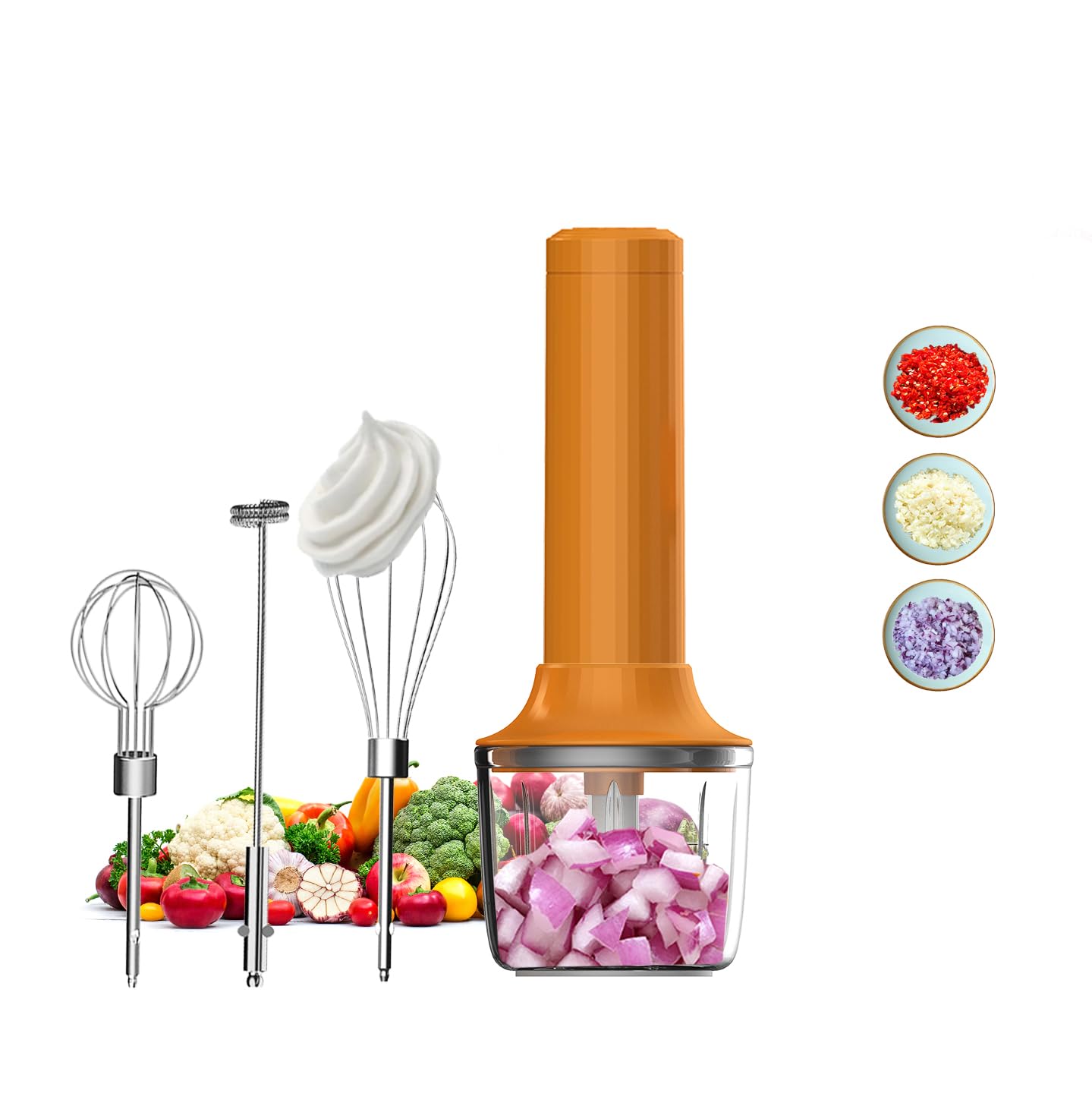 4-in-1 Electric Hand Mixer, Electric Whisk, Mini Onion Chopper 10Oz, Small Cordless Hand Blender, Milk Frother Wand for Coffee, Matcha, 4 Speed Rechargeable Food Processor for Baby Food Maker