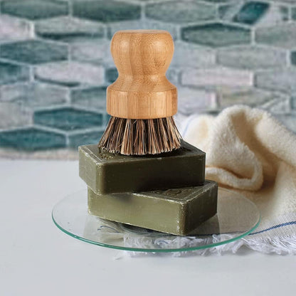 Bamboo Scrub Brush Set, Natural Bristles Palm Pot Brush, 4 Pack Mini Dish Brush with Ceramic Holder