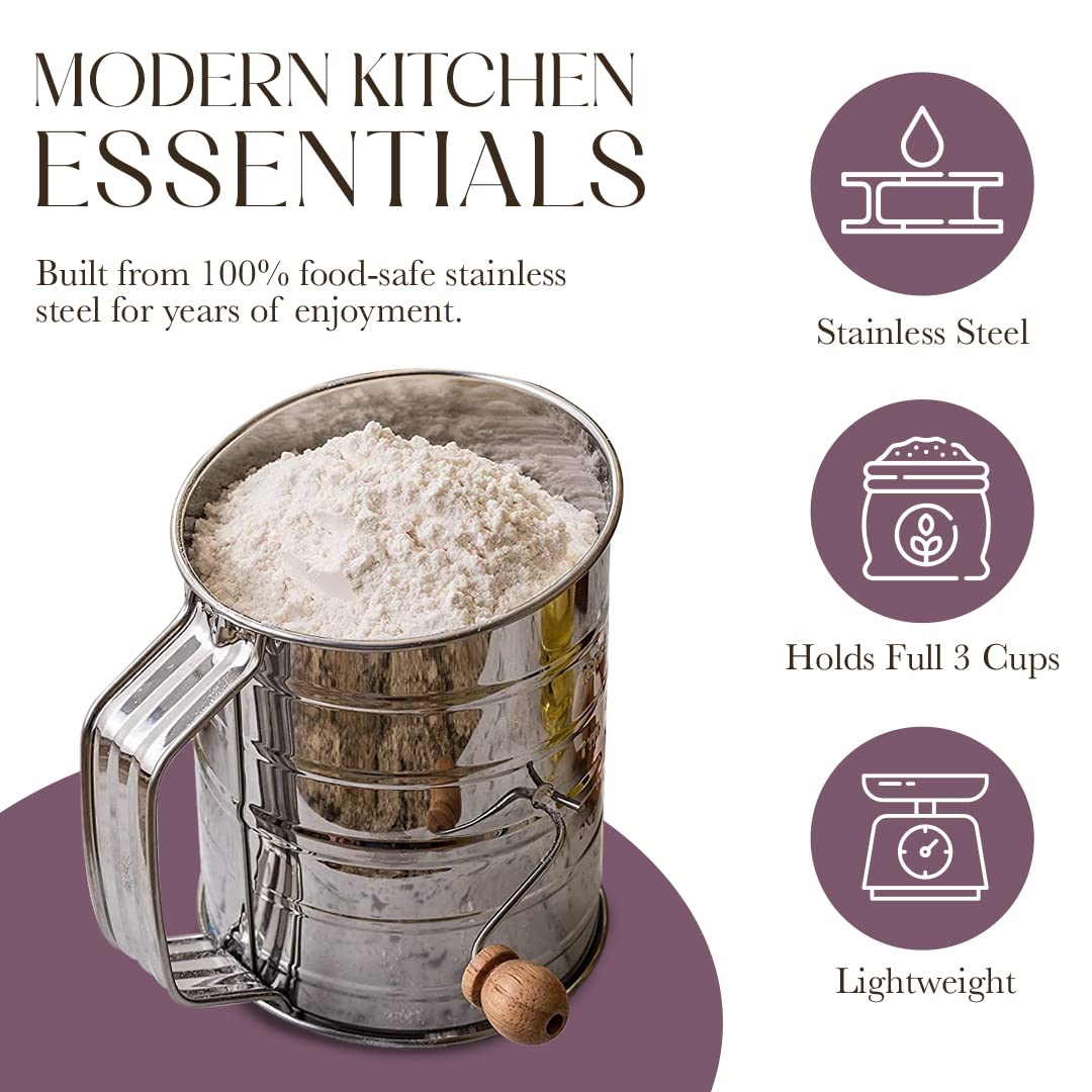 Bellemain 3 Cup Flour Sifter for Baking Fine Mesh Rotary Hand Crank with Loop Agitator for Quick Sifting, Flour Sifter Stainlees Steel