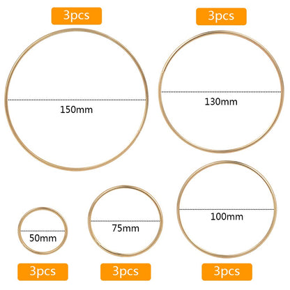 Nydotd 125Pcs Dream Catcher Making Kit, 15 Pcs Metal Rings Hoops Macrame Ring in 5 Size Gold, 100pcs 6 Styled Feathers, 10 Pcs 3 mm Faux Suede Cord for Dream Catcher Crafts Birthday Party