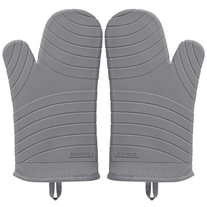 Beneno BPA-Free Silicone Oven Mitt 2-Pack Set, Heat Resistant 500°F Oven Mitts with Non-Slip Grip, Soft Thicker Lining, 7"x13", Gray
