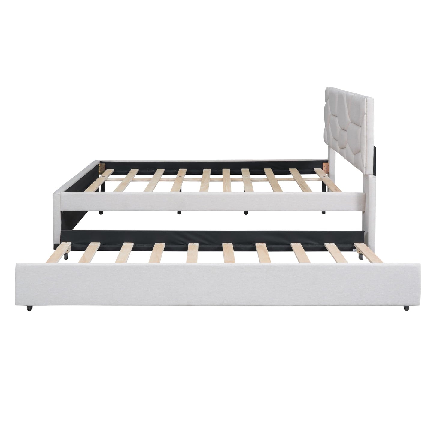 Brisca Full Size Linen Upholstered Platform Bed with Brick Pattern Headboard and Twin Size Trundle,Bed Frame W/ 10 Wooden Slats & 4 Supporting Legs,for Bedroom,Apartment,Guest Room,Beige