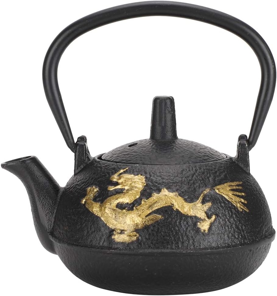 Japanese Tetsubin Cast Iron Tea Kettle - Stovetop Teapot with Gold Dragon Pattern, 0.3L