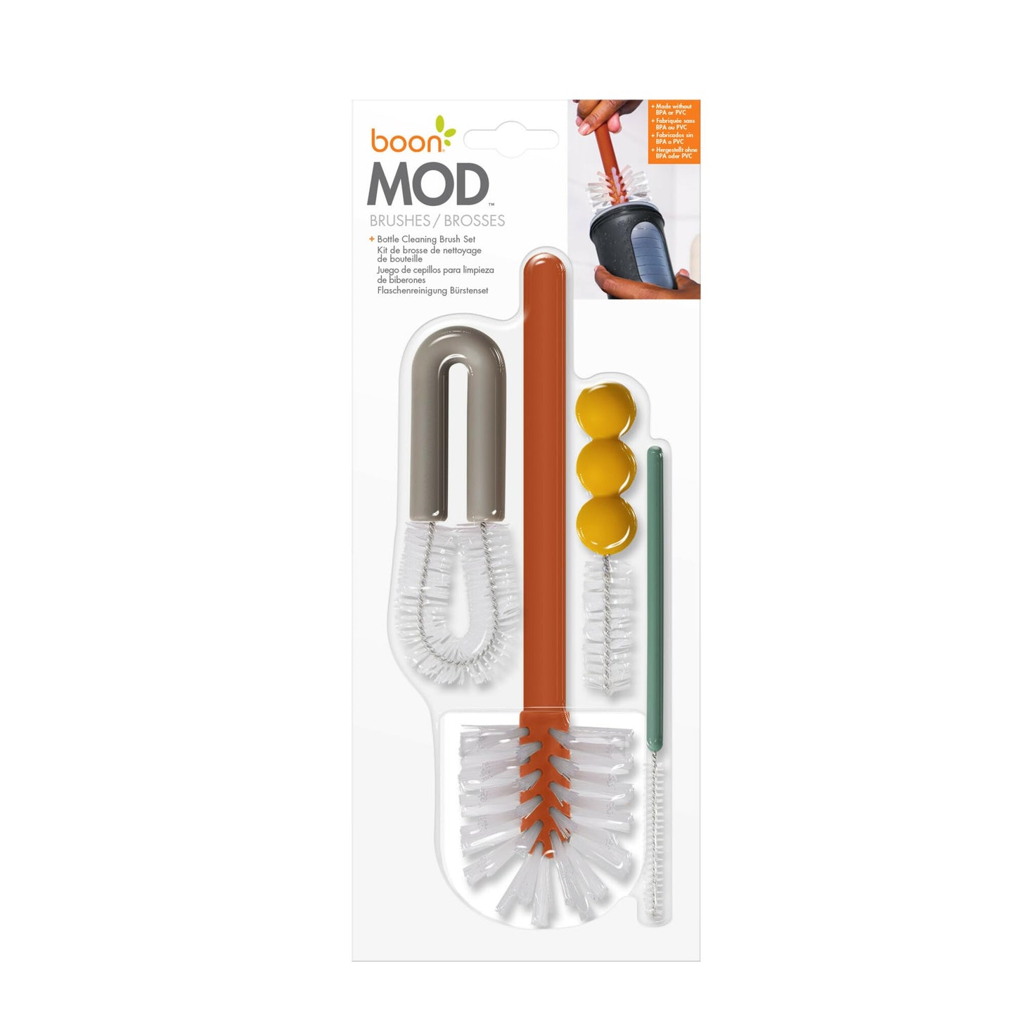Boon Mod Replacement Baby Bottle Brushes - Includes Bottle Cleaner Brush, Straw Cleaner Brush, Nipple Brush and Detail Brush for Baby Bottles - Newborn Essentials - Deco - 4 Count
