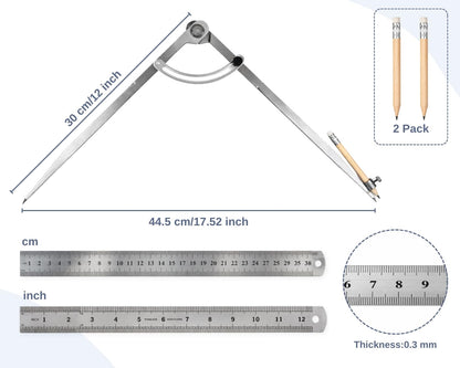 DS. DISTINCTIVE STYLE 12-Inch Large Drawing Compass, Metal Drafting Compass with Pencil Holder, Geometry Tool for Carpentry & Technical Drawing