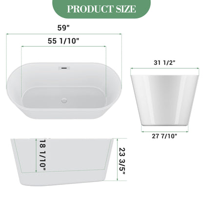 59 Inch Freestanding Bathtub Acrylic Free Standing Tub 59 Inch, Free Standing Tub with Chrome Drain & Overflow, Ergonomic Stand Alone Tub for Small Bathroom or Home Spa