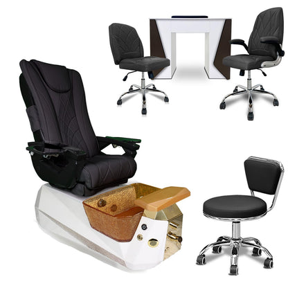 Galaxy Professional Nail Salon Furniture Set – Luxury Pedicure Spa Chair, Manicure Table & Technician Stools (Black Set, Espresso Table)