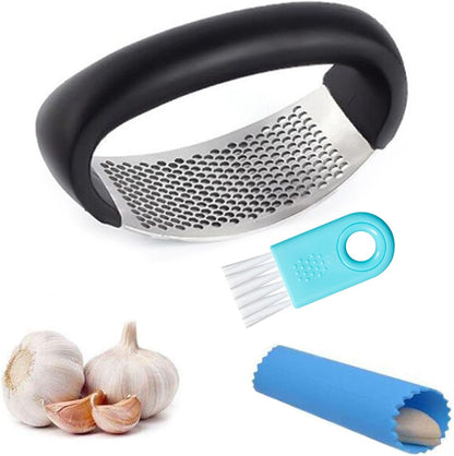 Garlic Press Rocker - Stainless Steel Garlic Crusher with Silicone Peeler and Mini Brush Tools (Black)